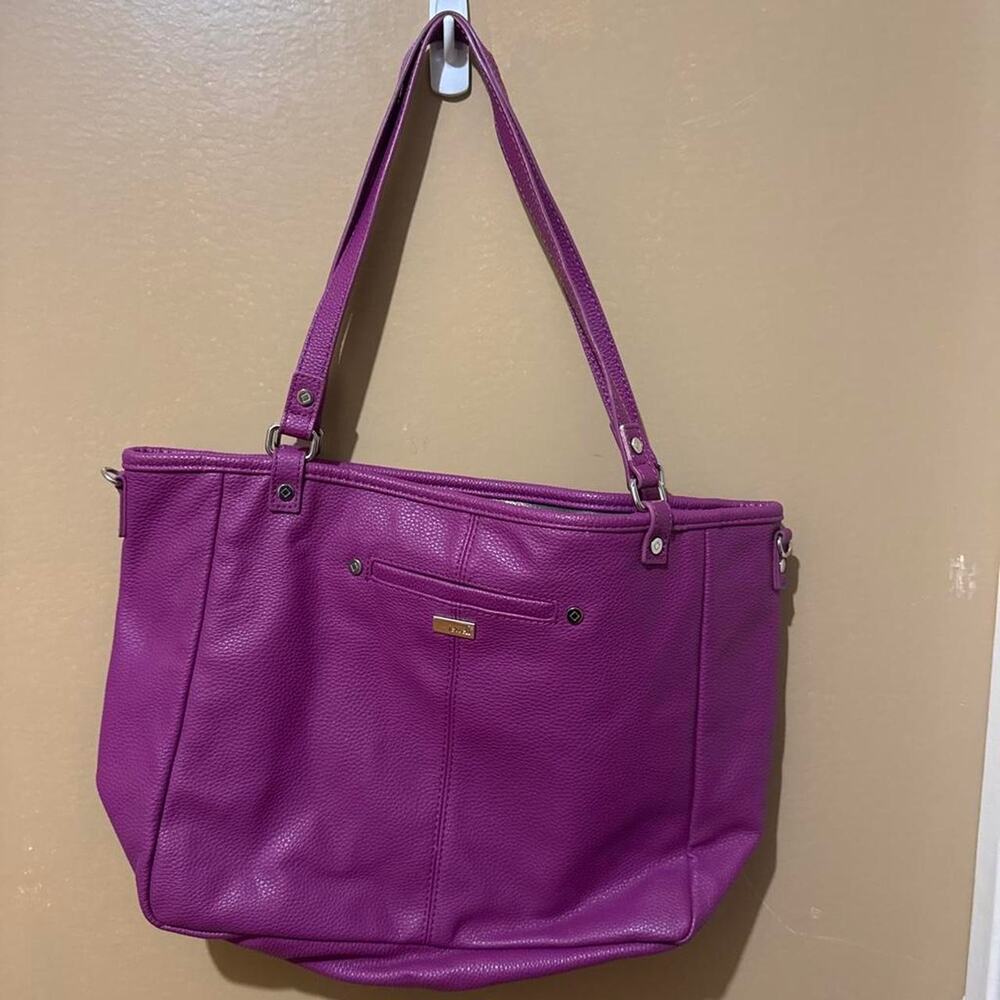 Purple leather tote bag with